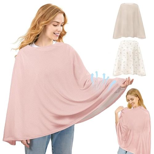 Basumee Nursing Cover for Breastfeeding Full Privacy Soft Breathable Mesh Breastfeeding Cover Multi-Use Breast Feeding Covers for Women Moms Baby Feeding Privacy Nursing Covers, Soft Mist Pink