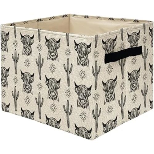 Western Highland Cow Storage Bins Box, Toybox for Boys Girls, Retro Western Cactus Cow Foldable Storage Baskets Organizer for Bedroom Bathroom Kids Room Dorm Clothes Toys Books