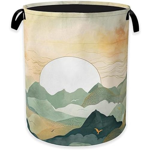 Laundry Hamper,Boho Sunrise Laundry Basket,Watercolor Green Mountain Portable Collapsible Laundry Room Organization Storage for Dorm Room,Nursery,Bathroom,Bedroom,16x20 Inch