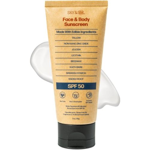 Sky and Sol Mineral Sunscreen SPF 50 | With Grass-Fed Tallow & Zinc Oxide | Non-Greasy Formula for Face & Body | Made Without Reef-Harming UV Filters | 3 oz (85 g)