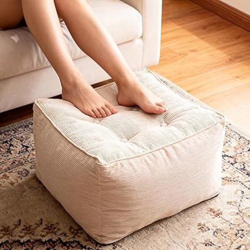 Square Corduroy Pouf Ottoman, Soft Fluffy Foot Stool with Foam Chunk Filling, Floor Pouf & Storage Ottoman for Living Room, 21" x 21" x 14", Off-White