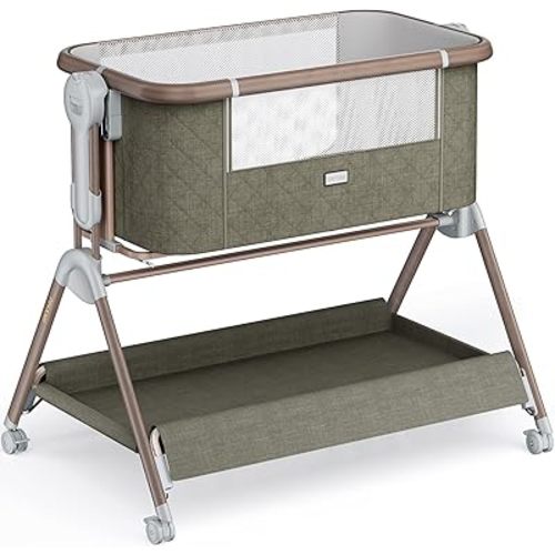 Baby Bassinet Bedside Crib,3-in-1 Rocking Bassinet Bedside Sleeper with Lockable Wheels & Comfy Mattress,Large Storage,6 Adjustable Heights,Portable Bedside Sleeper for Newborn,Green