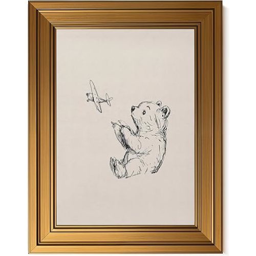 Ptslan Gold Framed Wall Art, Vintage Airplane Nursery Decor, Teddy Bear Canvas Prints for Baby Boy Room (12x16 Inch)