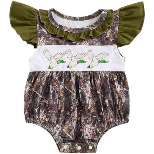 Duck Hunting Baby Clothes Infant Baby Girls Mallard Duck Embroidered Camoflage Bubble Romper Summer Ruffle Bodysuit