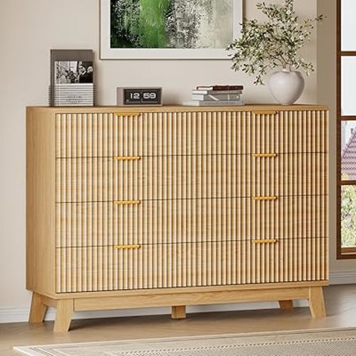 BORNOON 53" Tall Dresser for Bedroom, 8-Drawer Fluted Chest of Drawers, Modern Wood Highboy with Metal Slides and Handles, Anti-Tip Kit, Vertical Clothes Storage Organizer for Apartment, Closet
