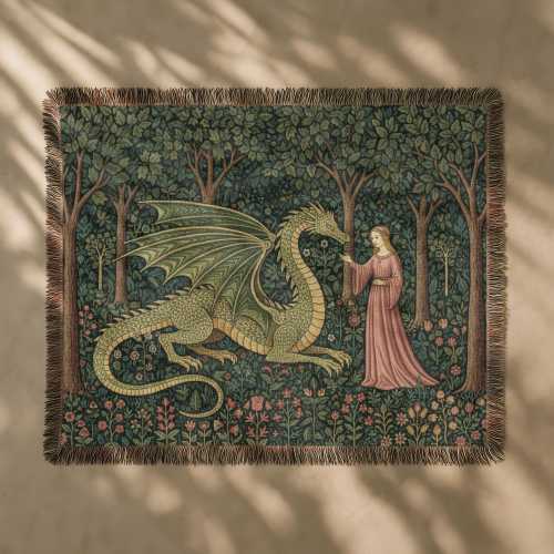 Medieval Tapestry, Vintage Dragon Blanket, Mythical Forest Woven Wall Hanging, Fantasy Nature Textile Wall Art, Botanical Medieval Decor
