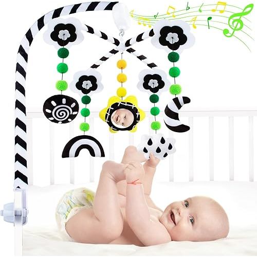 Baby Mobiles for Cribs, Black and White High Contrast Mobile Toys with Mirror, Musical Baby Crib Mobile for Newborn Infants Boys and Girls, Baby Mobile Hanging Rotating Crib Toys, Knob Type
