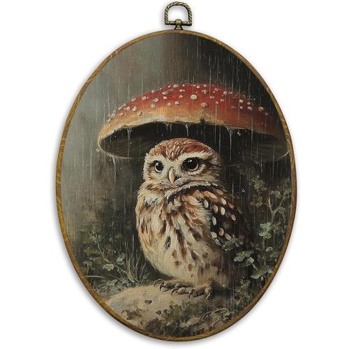 CUANFDDSF Owl Mushroom Nature Aesthetic Oval Wall Art Decor, Rustic Cottagecore Woodland Nursery Wall Hanging Decor, Dark Academia Wild Animal Framed Canvas Prints for Gallery Bedroom, 8.6x11.4 Inch