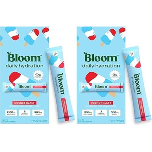 Bloom Daily Hydration Electrolyte Powder Packets with Collagen, 5g Protein, Electrolytes, Vitamins & Minerals, Sugar Free Drink Mix, Rocket Blast, 5 Count (Pack of 2)