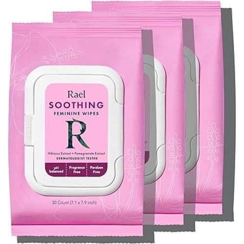 Rael Feminine Wipes, Flushable, Travel Size, All Skin Types, Daily Use (Soothing, 30 Count Pack of 3)