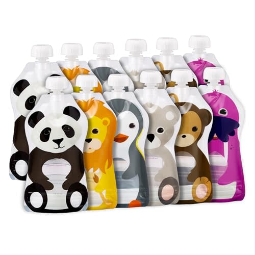 Squooshi Reusable Baby Food Pouches, 12 Pack, 5oz, Assorted Animals | BPA-free & food safe. Freezer safe. Refillable squeeze pouches for applesauce, yogurt & puree.