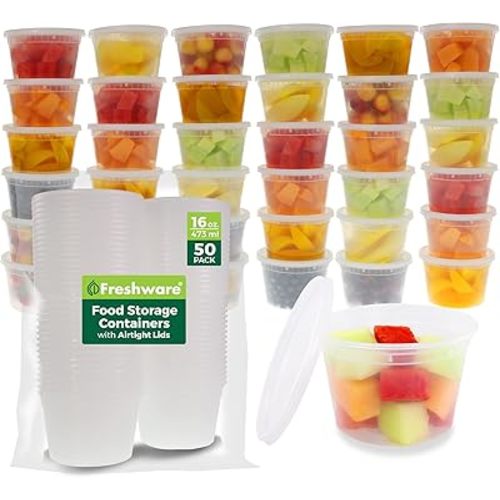 Freshware Food Storage Containers [50 Set] 16 oz Plastic Deli Containers with Lids, Slime, Soup, Meal Prep Containers | BPA Free | Stackable | Leakproof | Microwave/Dishwasher/Freezer Safe