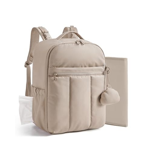 BAGSMART Baby Diaper Bag Backpack, Lightweight Puffy Diaper Bag with Insulated Pockets& Pacifier Case, Travel Stroller Straps with Waterproof Changing Pad, Camel