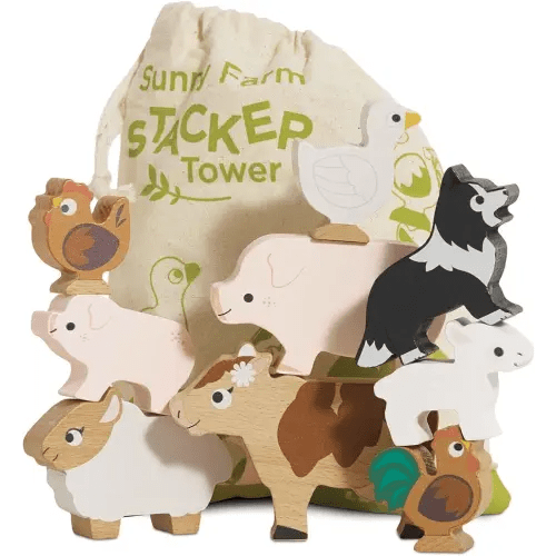 Le Toy Van Wooden Sunny Farm Stacker & Bag Educational Balancing Activity, Plastic Free, Toy Suitable for Age 18+ Months PL141