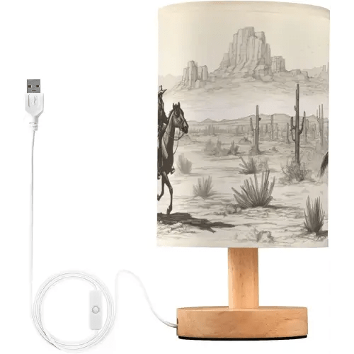 YEGAME Western Cowboy Bedside Table Lamp for Bedroom Nightstand, Small Eye Care LED Desk Reading Lamp USB Port Wood Base Round Flaxen Fabric Shade for for Kids Room Living Room Office Desk