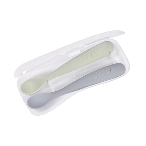 BEABA Baby's First Foods Spoon Set with Travel Case, Original Soft Silicone Baby Spoons, Baby Essentials, Travel Set, Natural