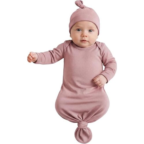 Newborn Knotted Baby Gown 0-6 Months, Super Soft Breathable Nightgowns for Babies Girl and Boy, Baby Girls Coming Home Hospital Outfit with Hat Set Pink