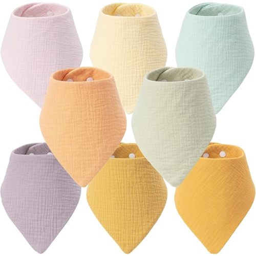 8-Pack Muslin Baby Bibs for Drooling and Teething | Soft& Absorbent, 100% Cotton, Adjustable Neck Fit, Newborn to Toddler 0-36M, with 2 teethers for everyday use