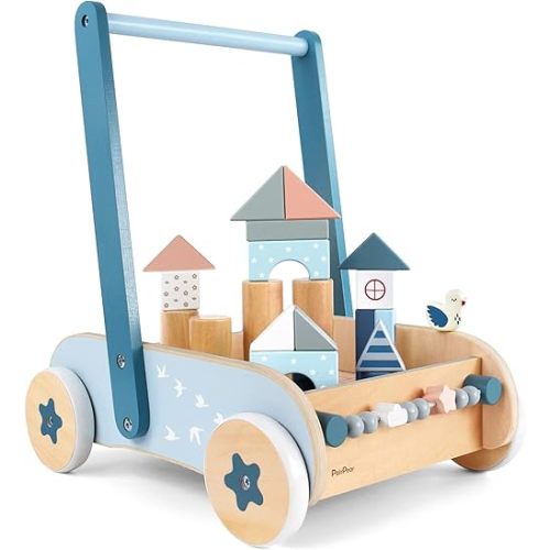 PairPear Wooden Baby Walker with Blocks & Brake – Montessori Push Cart, Adjustable Speed, Anti-Slip Wheels, Gift for 1-3 Y Boys & Girls