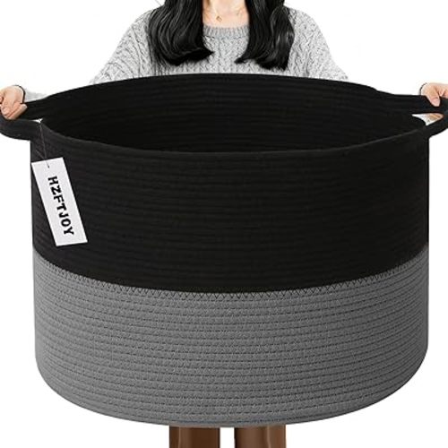 65L Large Blanket Basket,Woven Rope Laundry Basket-Black&Dark Grey