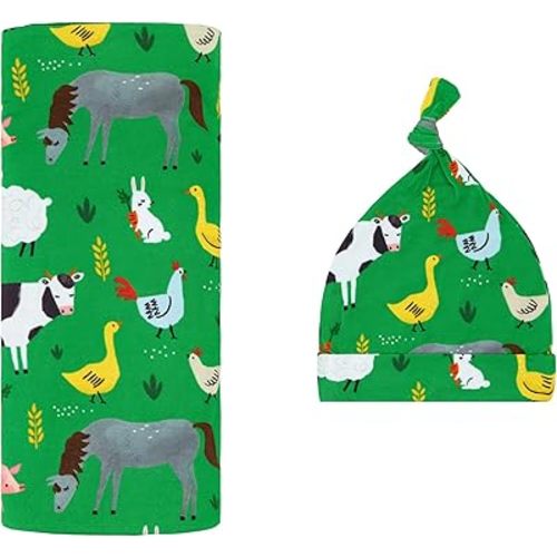 Little Sleepies Swaddle & Hat Set, Baby Swaddles Newborns, Soft Viscose from Bamboo Swaddle Blanket Wrap (Green Farm Animals)