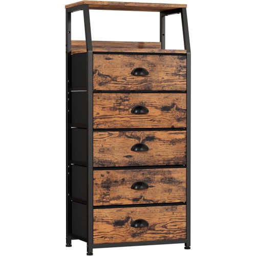 Furnulem Tall 5 Drawers Dresser, Vertical Storage Tower Fabric Dresser for Bedroom, Hallway, Entryway, Nursery, Closet Organizer, Nightstand Bedside Table Furniture, Sturdy Steel Frame, Wood Top