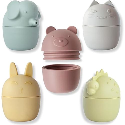 5 Pack Baby Bath Toys, Mold Free Water Toys for Infant & Toddlers, Interchangeable Tops and Bottoms, Animals, Numbers, Silicone Bath Tub Toys, o1baby