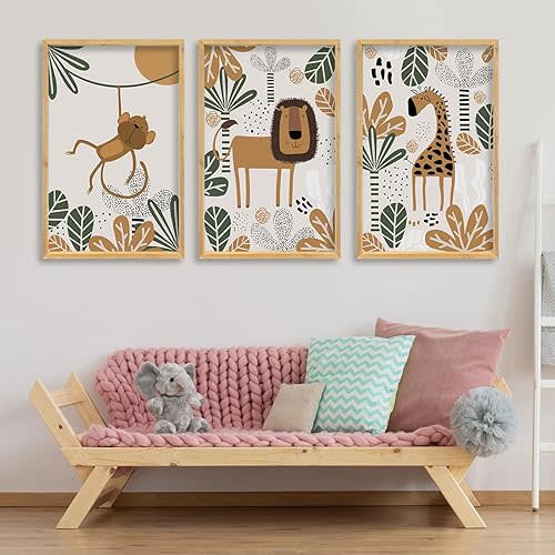 Baby Safari Animals Wall Art 16"x11" Set of 3 Boy Girl's Kids Room Boho Wood Framed Sign Rustic Farmhouse Vintage Nursery Children's Room Cute Wildlife Prints Wall Prints Hang Decor (Wood)