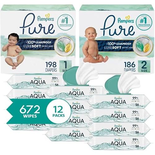 Pampers Pure Protection Disposable Baby Diapers Starter Kit (2 Month Supply), Sizes 1 (198 Count) & 2 (186 Count) with Aqua Pure Sensitive Wipes, 12X Pop-Top Packs (672 Count)