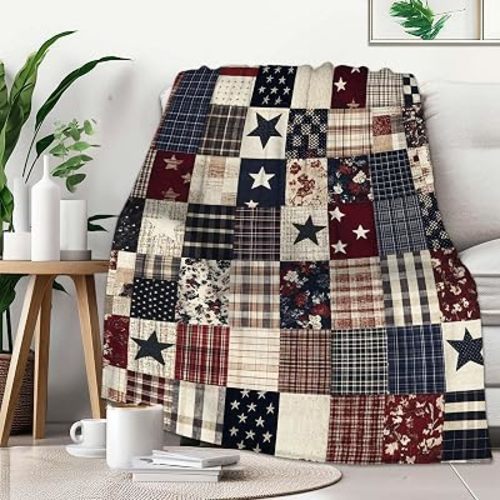 Printed Faux Patchwork Americana Throw Blanket | Faux Quilt Look | Country Farmhouse Fleece Gifts for Women and Men | Rustic Home Decor for Couch and Bed | 40x50 inches