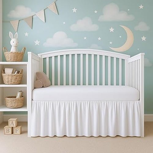 Cottington Lane White Infrant Crib Bed Skirt Dust Ruffle with Split Corner, 100% Natural Cotton Nursery Crib Toddler Bedding Skirt for Baby Girls or Boy, Fits Standard Cribs 28" x 52" with 14" Drop