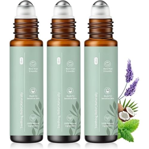 Teething Relief Roller, Natural Gentle Roll‑On Oil with Chamomile & Rose Oil, Portable Oral Gum Care, 3 Pack