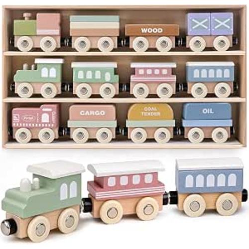 Wooden Train Set, 12PCS Montessori Magnetic Train Cars with Storage Gift Box, Compatible with Major Brands, Wooden Baby Stacking Blocks Toy, Birthday Gift for Boys Girls Ages 1-3 3-5+