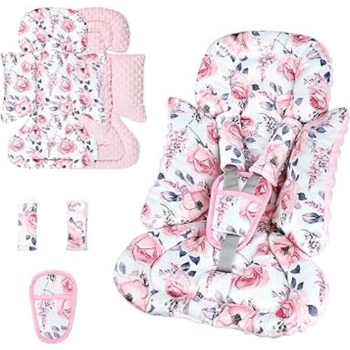 SWESEN Infant Car Seat Insert with 3 Strap Covers Set, Car Seat Head Support Baby for Girls, Soft 3 in 1 Baby Car Seat Cushion for Strollers, Bouncers, Swing, Floral