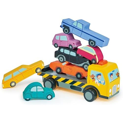 Tender Leaf Toys - Stacking Cars - 7 Wooden Stacking Toy Cars and a Wheeled Truck for Toddler Boys and Girls - Boost Fine Motor Skills and Hand-Eye Coordination - Great Gift for Car Lovers - Age 18m+