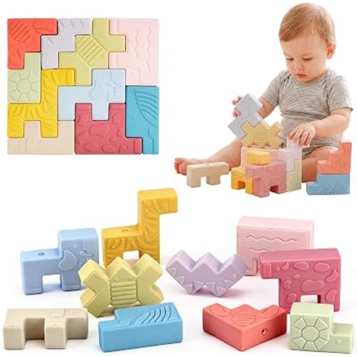 10 Soft Animal Stacking Blocks for Babies 6-12 Months, Montessori Toys for 1 2 Year Old Girls & Boys, Building Blocks Game Teething Toys for Babies Birthday Gifts, Shapes & Colors