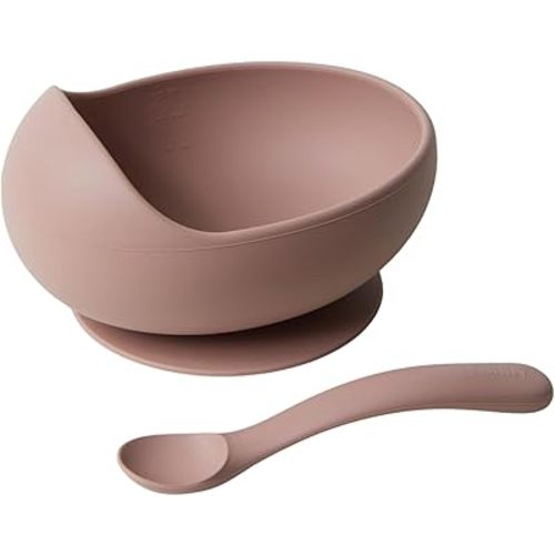 Konny Baby Bowl Microwaveable Silicone & Spoon Set, Self Feeding Essentials Baby Led Weaning Supplies -Raspberry Mousse