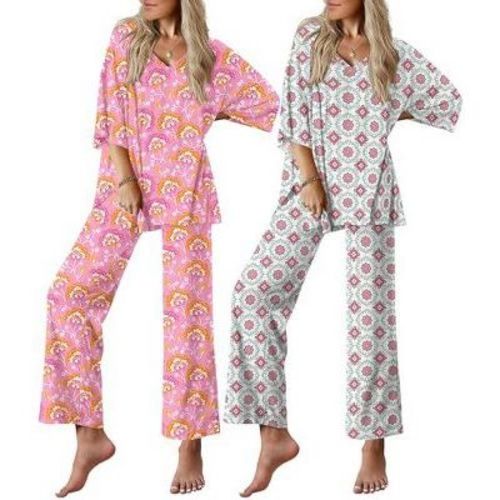 Ekouaer Women's 2-Pack V-Neck Pajama Set Short Sleeve Long Pants with Pockets Pink Cashew Flower/Vintage Blooms L