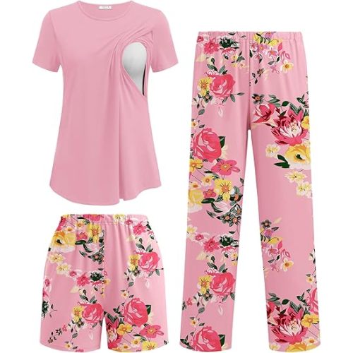 Ekouaer 3 Piece Maternity Pajamas Set Postpartum Nursing Short Sleeve Breastfeeding Sleepwear Pregnancy Shorts & Pants Pjs