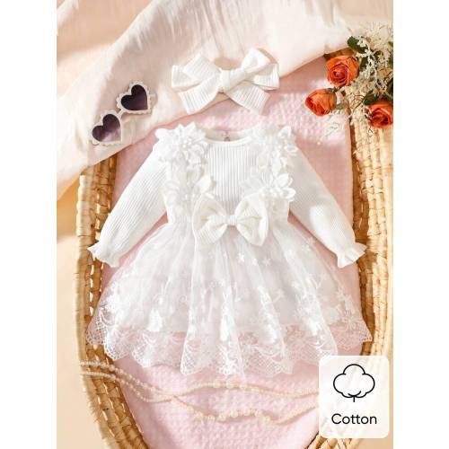 SHEIN Newborn Baby Girl White Pit Stripe Three-Dimensional Embroidery Flower Bow Splicing Mesh Dress And Headband 2-Piece Set, Autumn And Winter New Elegant And Suitable For Outdoor Shooting | SHEIN USA