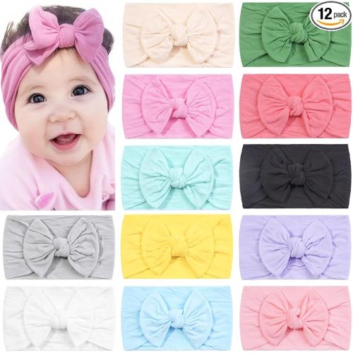 CÉLLOT 12 Color Super Stretchy Soft Knot Baby Girl Headbands with Hair Bow