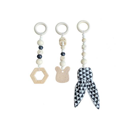Black Wooden Baby Gym Hanging Toys With Cotton Beads Sensory Development Toy For Newborn Infants Hand Eye Coordination Crib Mobile Decoration Gift 3Pc