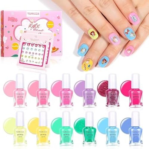 TOMICCA Kids Nail Polish Set - 12 Candy Rainbow Colors Non Toxic Water Based Odorless Peel Off Quick Dry Natural Safe for Toddler Parties & Birthday Girls (Ages 3+)