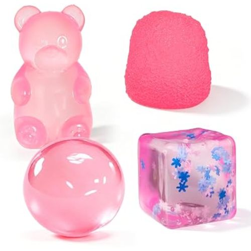 4Pcs Pink Taba Squishy Fidget Toys, Bear Cube Gummy Coconut Oil Stress Balls for Kids Adults, Squishies Cube, Sensory Toys Fidgets for Classroom Prize, Birthday Gifts Party Favors