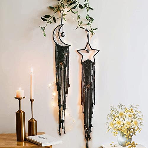 Tarklanda Moon Star Dream Catcher Decor,2pcs Boho Home Moon Star Black Dreamcatcher, Bohemian Wall Hanging Dream Catcher Decor for Home Bedroom Craft Decoration