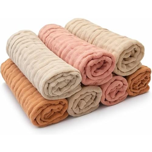 Kestel Baby Washcloths, 7-Pack 100% Muslin Cotton Soft & Absorbent, 12"x12" (Caramel)