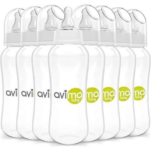 Avima 10 oz Anti Colic Baby Bottle Set - Standard Neck w/ Medium Flow Nipples, BPA Free - 3-6 Months, Stage 2 (Set of 8)