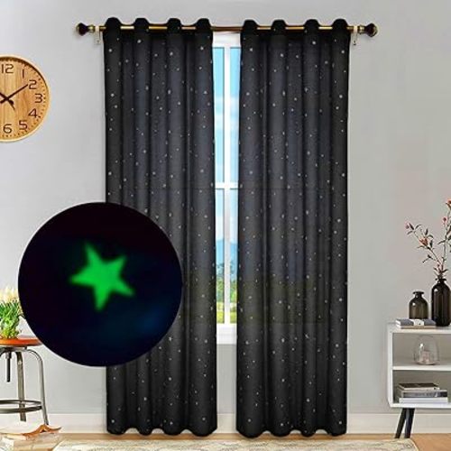 Eimilaly Stars Sheer Curtains Glow in The Dark, Metal Punching Sheer Curtains 96 inches Long Sheer Canopy for Kids Room Decor, 2 Panels/Black