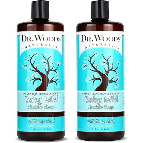 Dr. Woods Unscented Baby Mild Liquid Castile Soap - Natural Soap for Sensitive Skin, Gentle Cleanser with Hemp Oil and Vitamin E - Paraben, Sulfate, and Phthalate Free - 32 Fl Oz (Pack of 2)