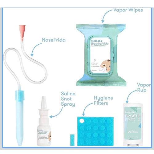 Frida Baby Cold and Flu Relief Set, Congestion Relief Kit, Includes the NoseFrida Nasal Aspirator, Hygiene Filter, Saline Nasal Spray, Baby Vapor Rub & Vapor Nose & Chest Wipes